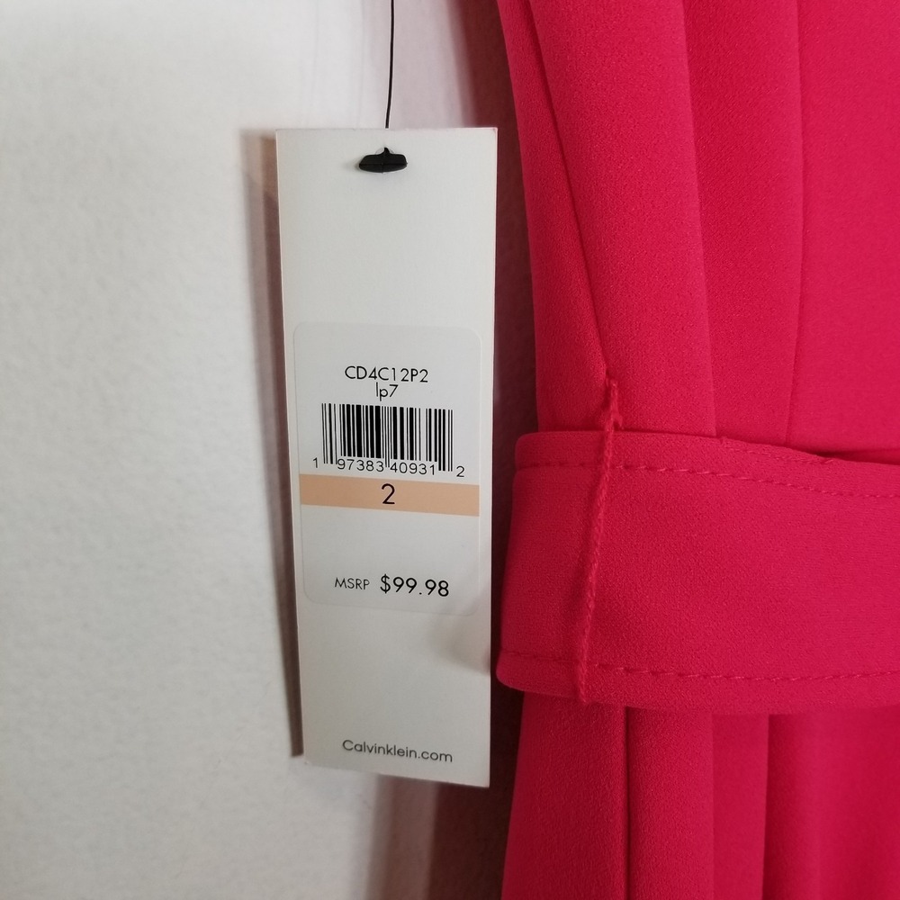 Calvin‎ Klein Women V-neck Jumpsuit Sz S Bright Pink Tie Waist Cropped V Neck - Picture 7 of 11